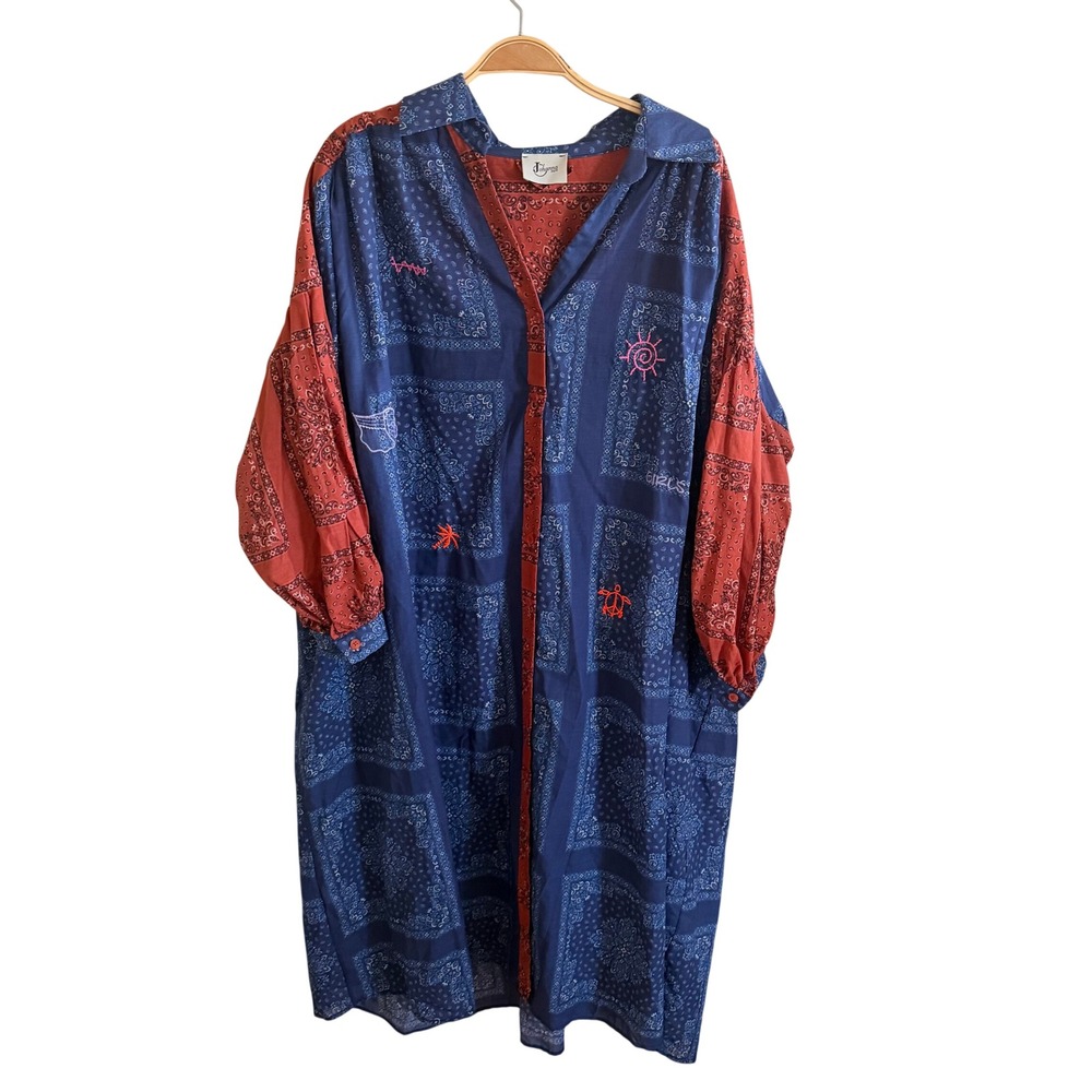 Johanna Paris Bandana Mixed Print Embroidered Cotton Boho Dress Italy